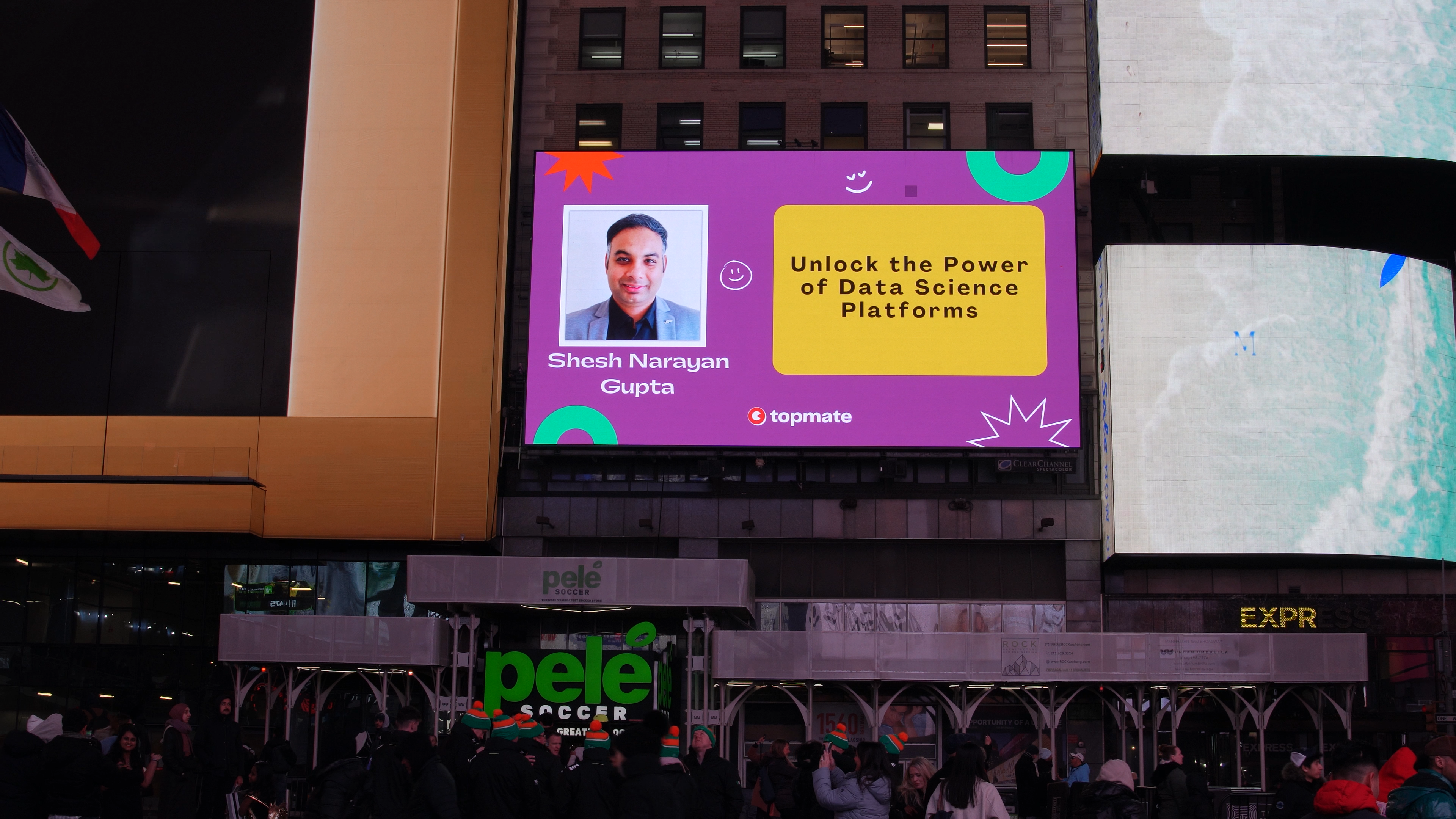 Shesh Narayan Gupta featured by Topmate on a Times Square billboard